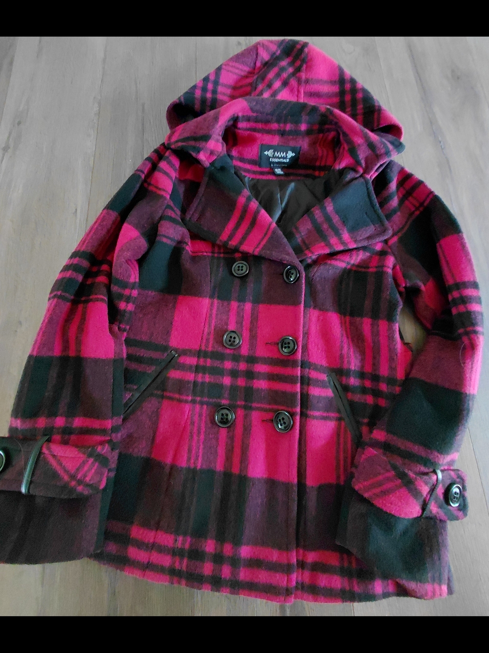 Y2K Hot Pink and Black Plaid Hooded Peacoat - Picture 3 of 5